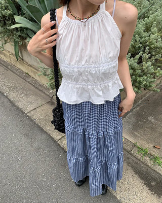 Checked tiered long skirt
