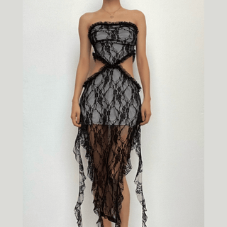 Lace ruffle solid slit hollow out backless tube cut out midi dress