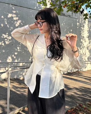 Collarless sheer blouse
