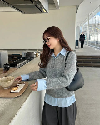 Shirt-layered loose-fit knit