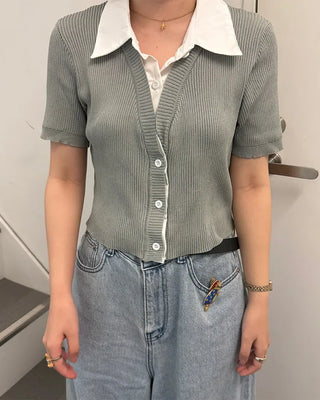 Shirt-style short-sleeved cardigan