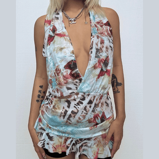 Irregular halter deep V neck print sheer mesh mini dress