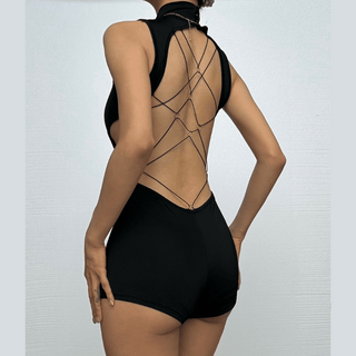 Sleeveless high neck button backless romper