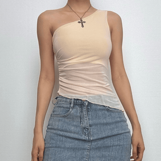 Sleeveless one shoulder ruched ruffle mesh top