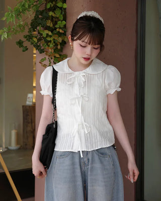 Round collar ribbon detail blouse