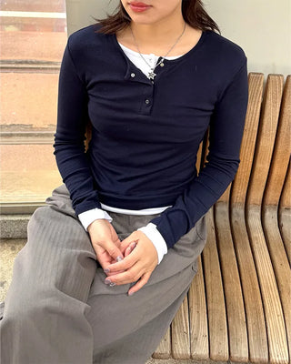 Layered Button Long T-Shirt