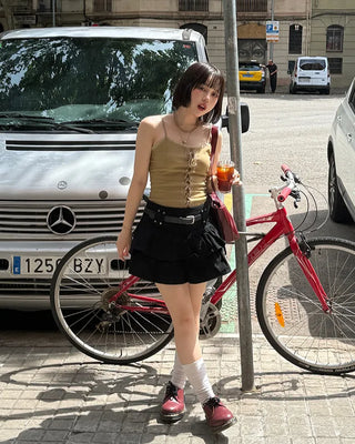 (With belt) Studded ruffle mini skirt