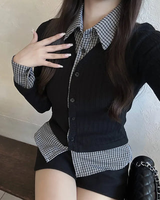 Checked shirt layered cardigan