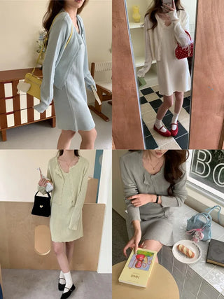 (4 colors) (set) Lace sleeveless knit dress & cardigan set