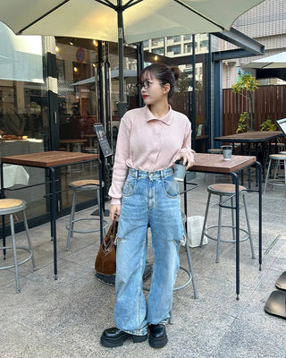 Colored neck knit cardigan