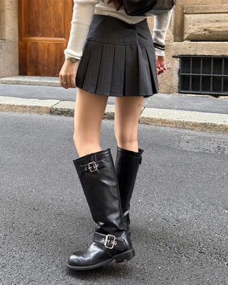 Striped button pleated mini skirt