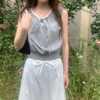 Shirred Ribbon Sleeveless Blouse
