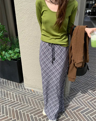 Checked drawstring long skirt