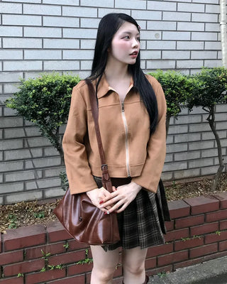 Square belt check pleated mini skirt