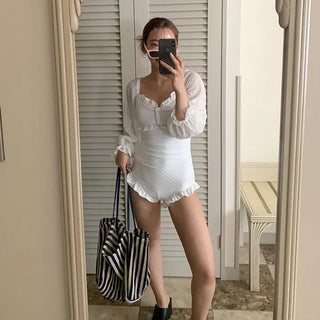 Puff-sleeve ruffled monokini