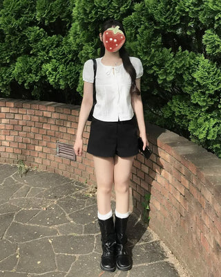 Pintuck puff sleeve ribbon tie blouse