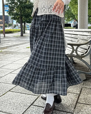Checked Shirred Long Skirt