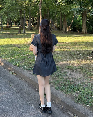 Rear Ribbon Denim Mini Dress