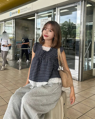 Lace layered check sleeveless top