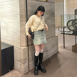 Belted denim mini skirt