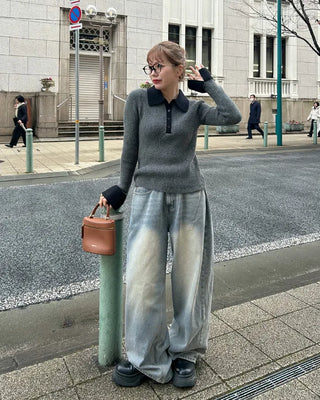 Side-tuck wide denim pants