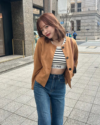 Collarless suede jacket