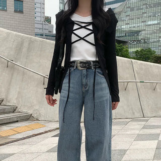 Frill strap long-sleeved cardigan bolero