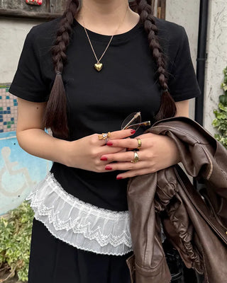 Lace Shirring Half-Sleeve T-Shirt