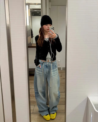 Washed string denim pants