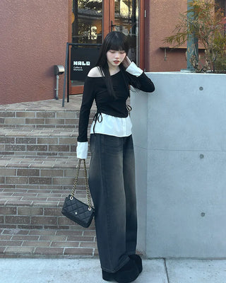 Vintage Wash Wide Fit Denim Pants