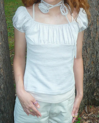 Rose Tie Set Puff Sleeve Gathered Rib Top