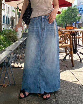 Washed long denim skirt