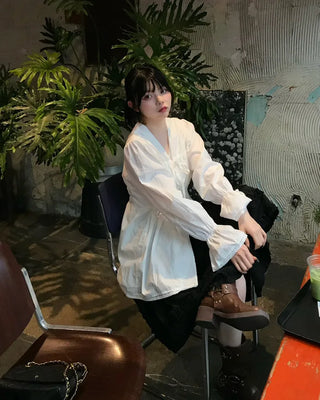 Drawstring Long Puff Sleeve Blouse