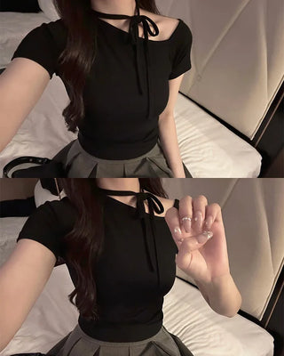 One-off halter strap half-sleeve T-shirt