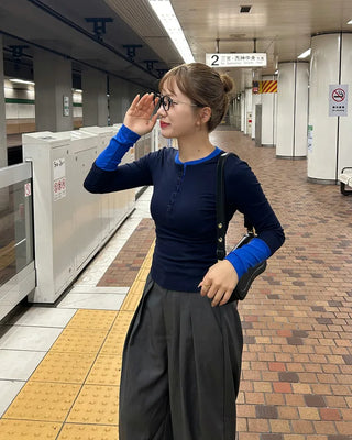 Color-layered button-up long-sleeve T-shirt