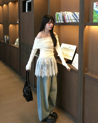 Off-shoulder knit frill camisole set