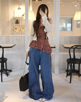 Side-slit wide denim pants