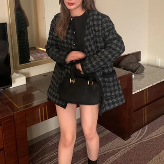 Houndstooth check V-neck jacket