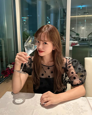 Sheer polka dot puff sleeve blouse