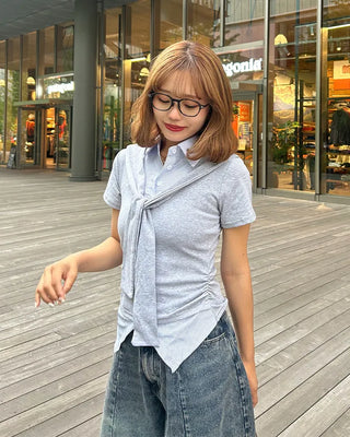 Tie-layered short-sleeved shirt