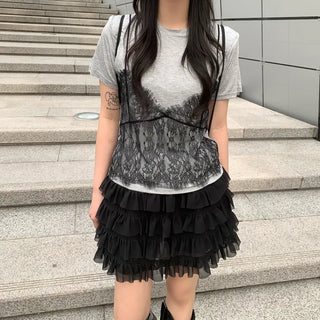 [Pants-style lining] Chiffon tiered mini skirt