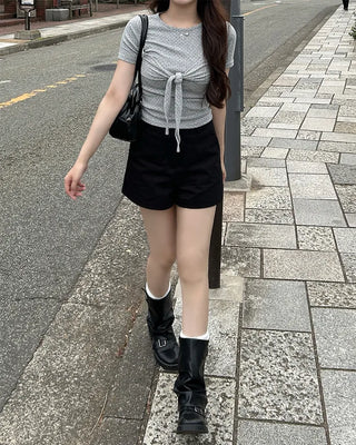 Polka Dot Ribbon Tie Short Sleeve Shirt