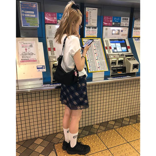 Checkered elastic waist mini skirt