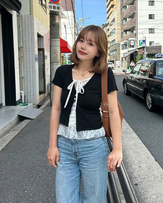 Lace-layered short-sleeved cardigan