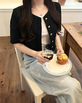 Heart gold button short-sleeved tweed jacket