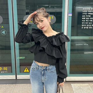 V-neck frill blouse