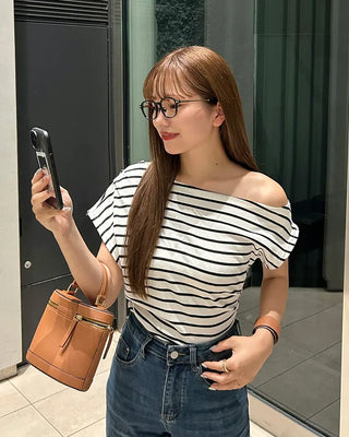 Asymmetrical Off-Shoulder Striped T-Shirt