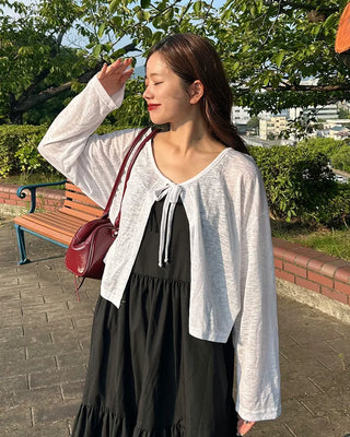 Ribbon knot sheer knit cardigan