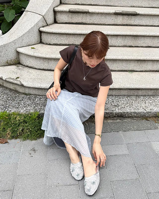 Checked sheer long skirt