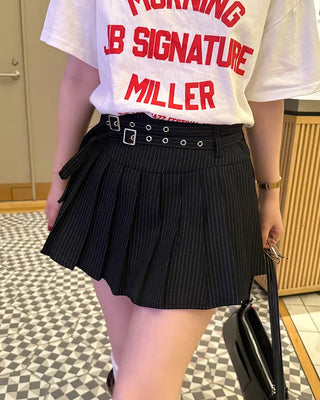 Double-belted pinstripe mini skirt